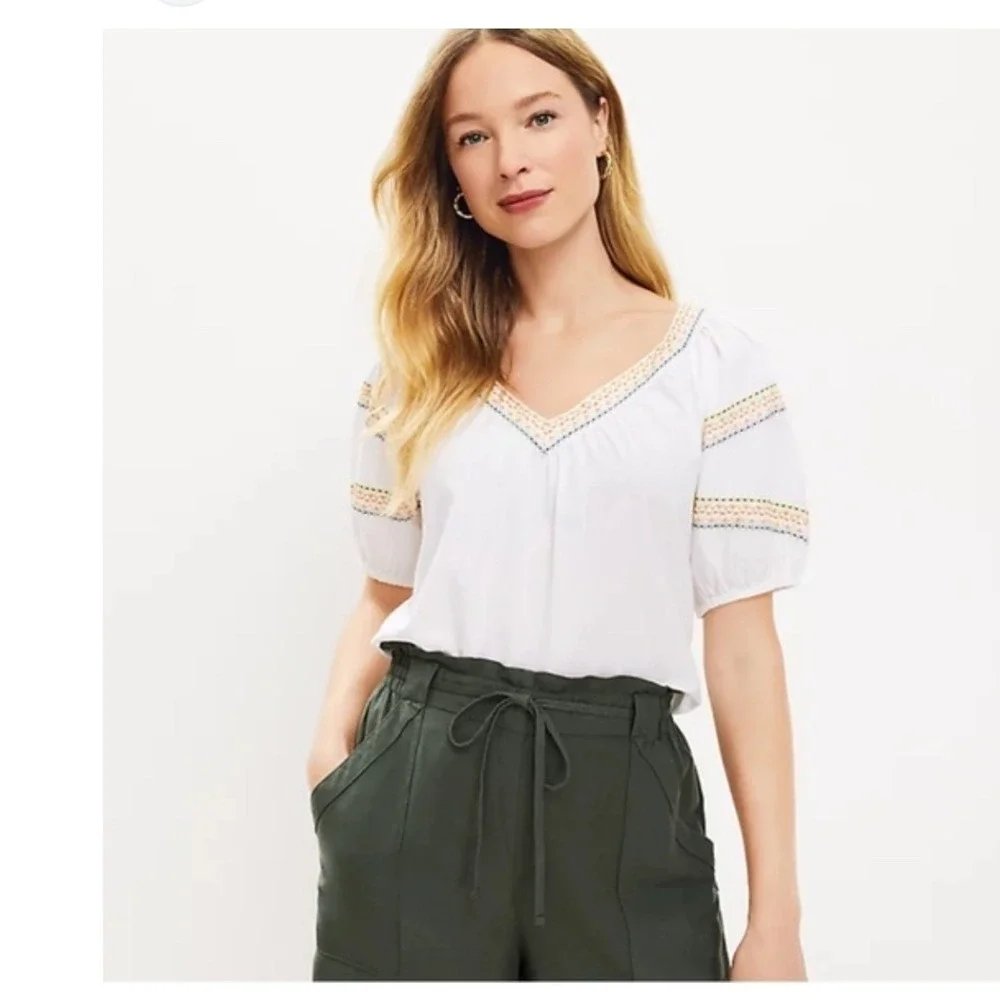 Loft Womens White Embroidered V-Neck Puff Sleeve Cotton Lyocell Blouse XS